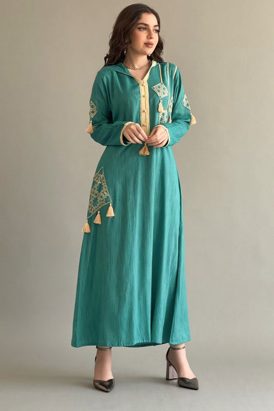 Embroidered kaftan with tassels, Tiffany colour