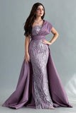 One-shoulder embroidered evening dress, mauve color