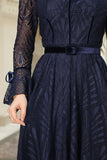 Lace midi dress with velvet belt, navy blue 