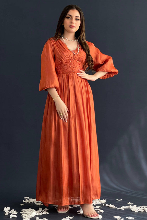 Orange pleated taffeta dress