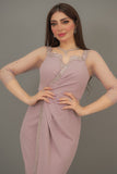 Pink maxi dress with tulle sleeves decorated with crystal ribbon