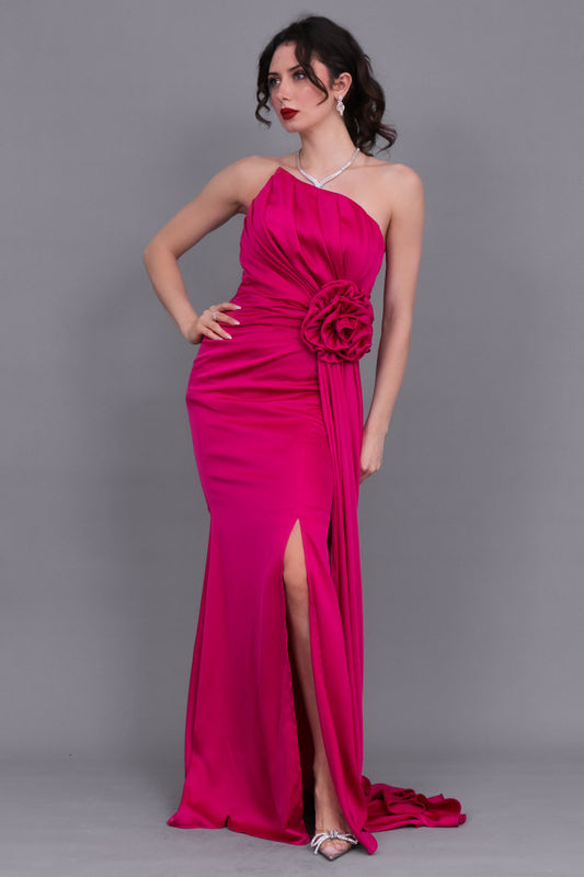 Evening dress with split design, fuchsia color