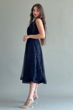 Short evening dress made of mesh tulle with sequins, navy blue