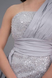 Gray one-shoulder embroidered evening dress