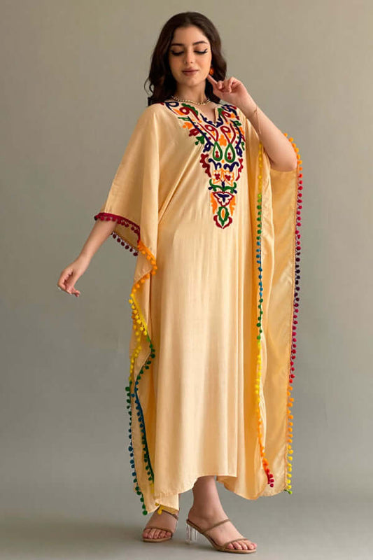 Bisht jalabiya, embroidered and decorated with colorful kalafa, beige colour