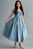 Off-shoulder evening dress with bow, Tiffany color