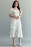 Green autumn leaf print dress