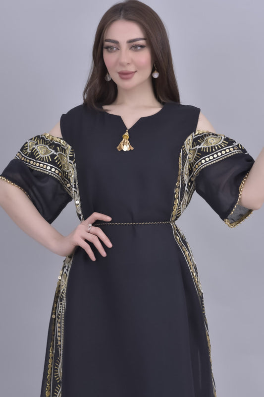 Oriental galabiya with open shoulder, embroidered, black