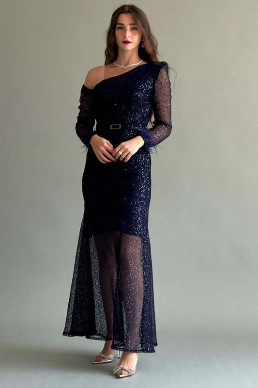 Asymmetric shoulder sequin dress decorated with feathers, navy blue