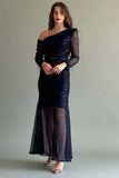 Asymmetric shoulder sequin dress decorated with feathers, navy blue