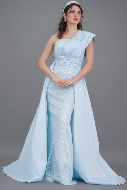 One shoulder embroidered evening dress in sky colour