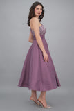 One-shoulder embroidered midi evening dress, mauve color