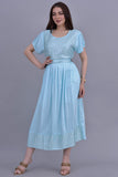 Jalabiya with embroidered pleated design with a sky-blue belt