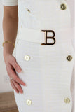 Beige midi dress with white buttons and belt 