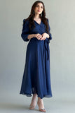 Chiffon wrap dress with tie at the waist, navy blue