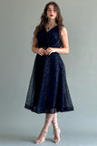 Short evening dress made of mesh tulle with sequins, navy blue