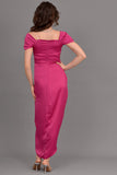 Satin off-shoulder midi dress with slit, fuchsia color