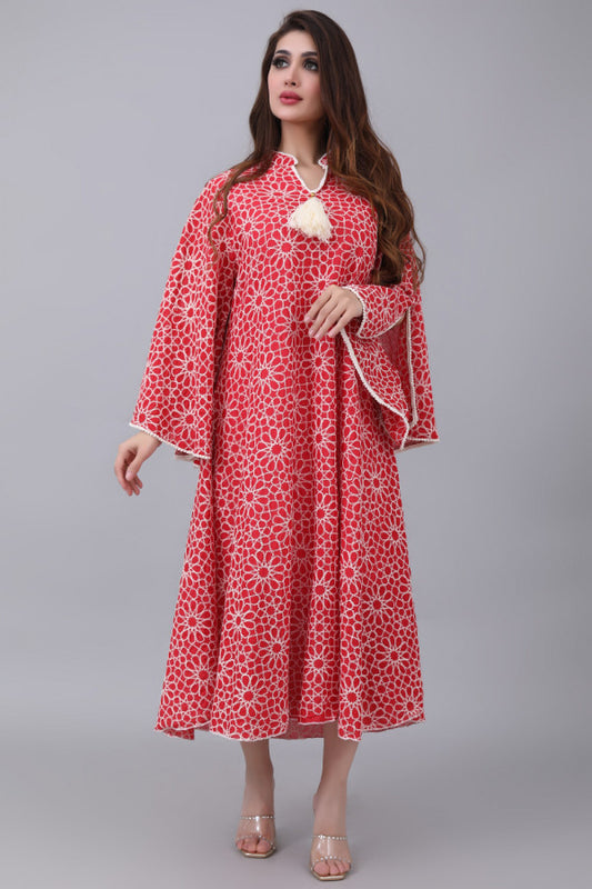 Oriental galabiya, embroidered with wide sleeves, red 