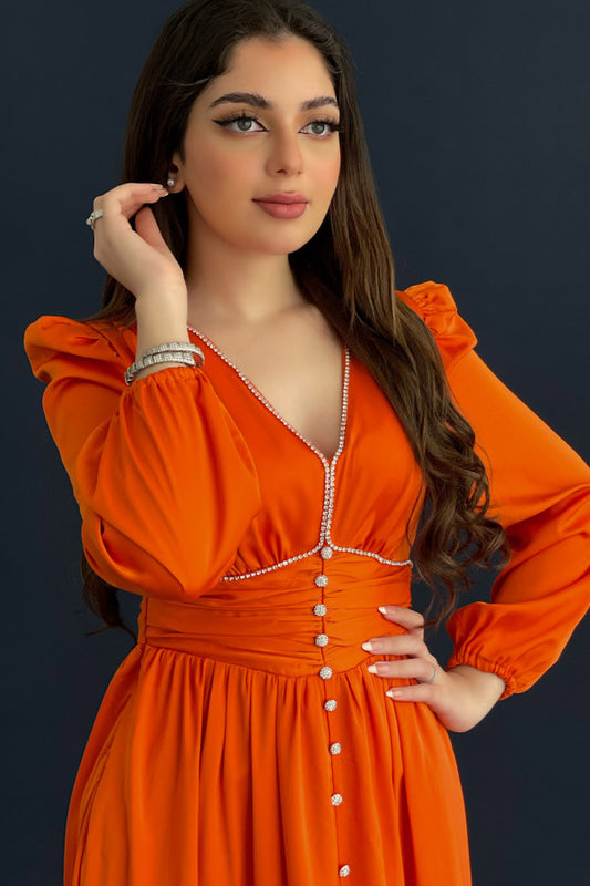 Orange silk satin dress decorated with crystals