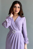 Wrap style dress with crystal embroidered sleeves, mauve color