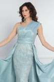 One shoulder embroidered evening dress in Tiffany color