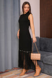 Winter dress decorated with frills and cap sleeves, black 