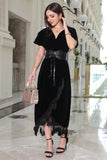 Black velvet wrap dress with belt 