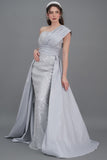 Gray one-shoulder embroidered evening dress