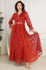 Lace cloche dress decorated with crystals and orange feathers