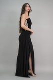 Black one-shoulder jersey evening dress embroidered with crystals