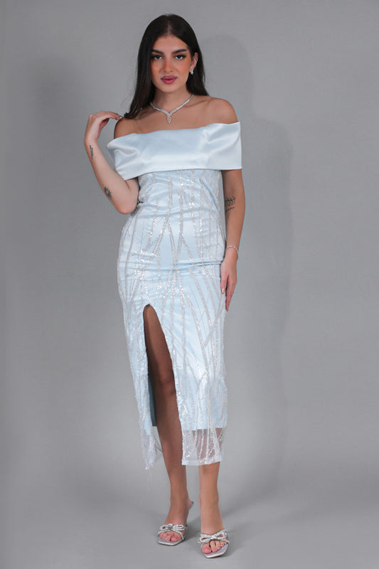 Off-shoulder embroidered tulle dress, sky blue