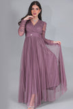 Evening dress with drape sleeves, mauve color