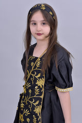 Girls' Shantoun robe with oriental design, embroidered in gold, black colour 