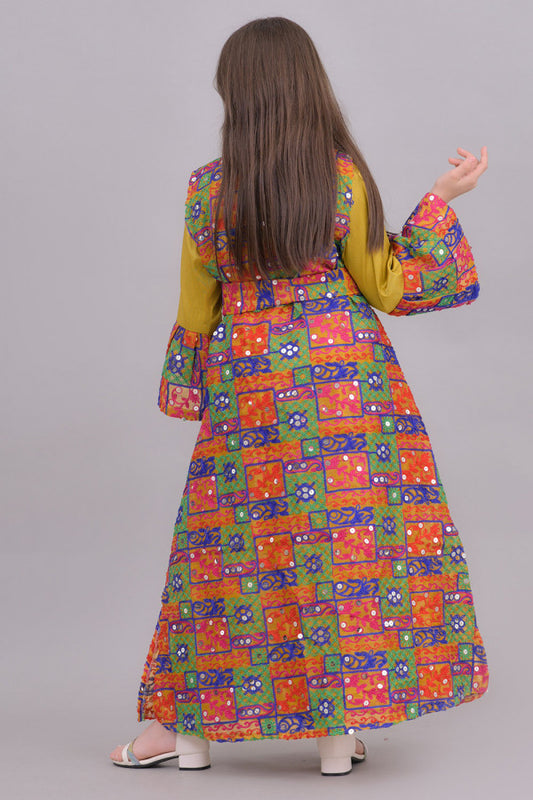 Girls' jalabiya, two pieces, embroidered with a cumin color belt 