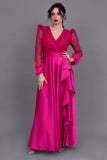 Long dress with sequined bodice and feathers, fuchsia color