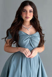 Off-shoulder evening dress with bow, Tiffany color