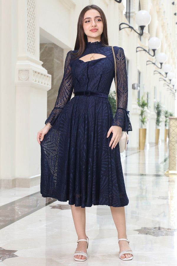 Lace midi dress with velvet belt, navy blue 