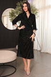 Black wrap midi dress with folded collar 