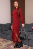 Chestnut Long Sleeve Fringed Winter Dress 