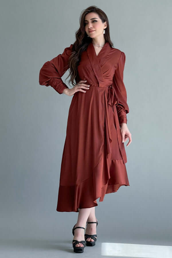 Wrap dress with belt in brick color