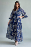 Navy embroidered maxi dress with feathers