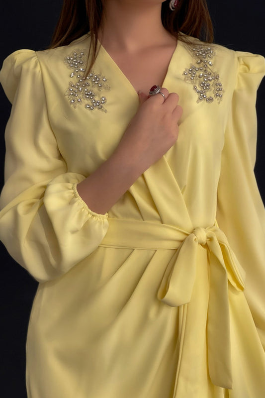 Yellow embroidered wrap dress