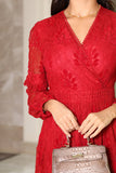 Floral lace midi dress with long sleeves, red 