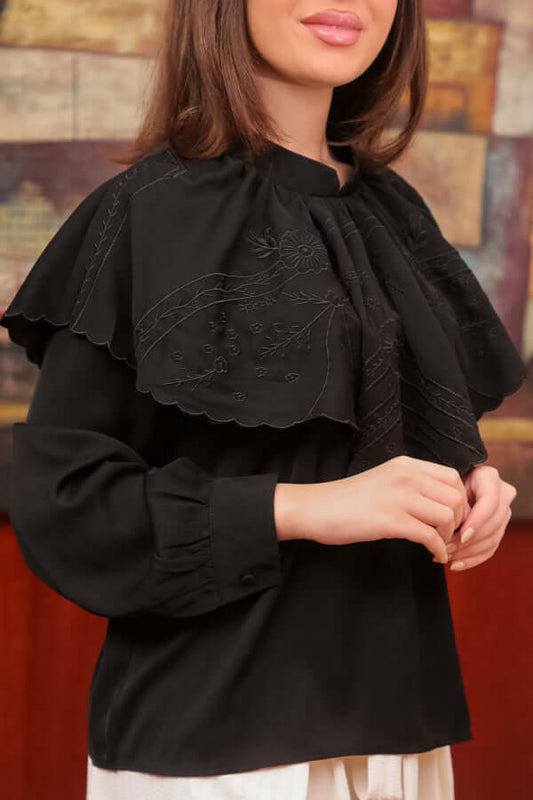 Crepe blouse with embroidered ruffle neck, black