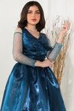 Fluffy evening dress decorated with turquoise beads