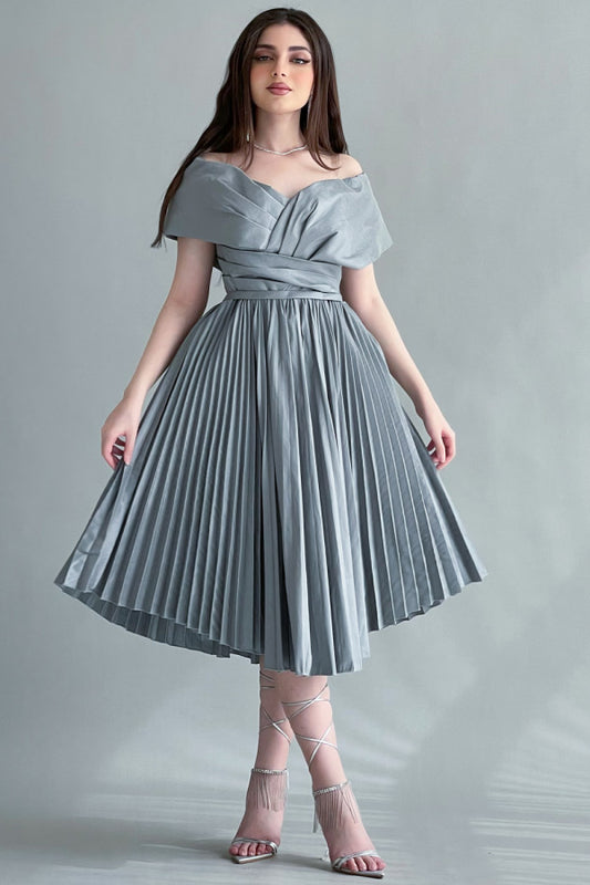 Short evening dress with pleats and off-shoulder collar, olive color