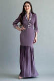 Pleated satin dress decorated with a crystal ribbon and mauve feathers