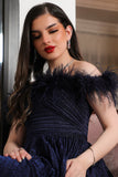 Navy blue evening dress decorated with feathers