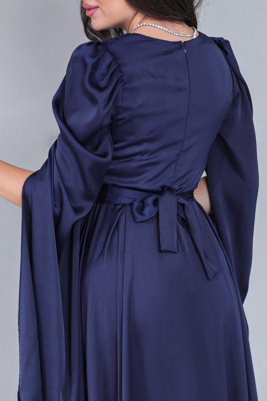 Asymmetric satin dress with cape sleeves, navy blue