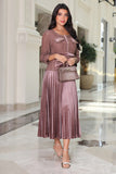 Elegant pink pleated velvet lace midi dress 